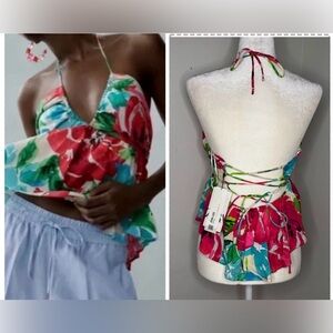 NWT Zara Women’s Linen Blend Floral Halter Multicolor Top Size Medium